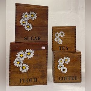Vintage Daisy Wooden Kitchen Canister Storage Set for Coffee, Tea, Flour & Sugar